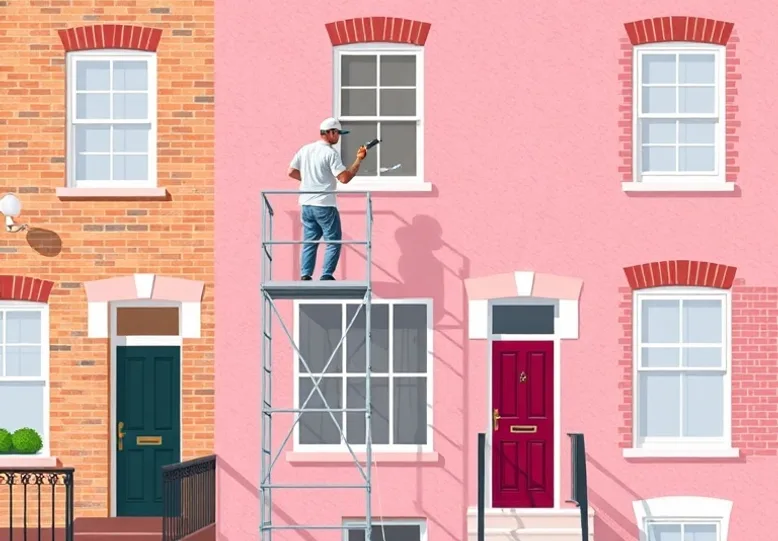 Peintre sur échafaudage traitant la façade d'une maison
